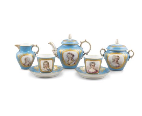 A FRENCH SEVRES PORCELAIN TEA SETcomprising a tea pot, sugar bowl and cover, milk jug, two teacups and saucers, all decorated