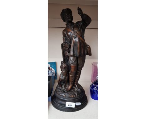 A continental bronze effect ceramic figure Keep Your Powder Dry' depicting a hunter and his dog. 