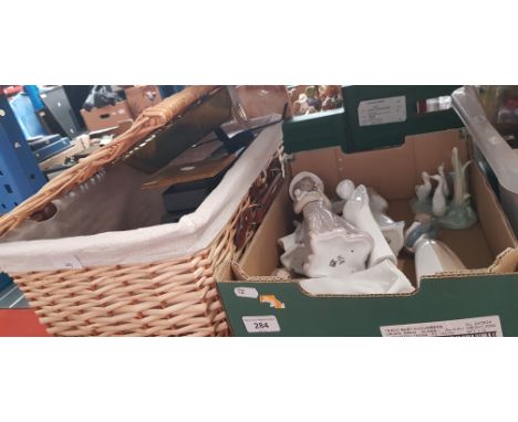 A box of Nao figures (7) and a wicker hamper with kitchen scales 