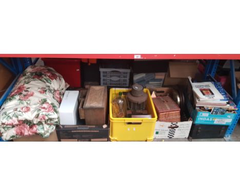 A mixed lot of assorted items including a pair of curtains, a portable gramophone player (AF), copper lantern etc. etc. 