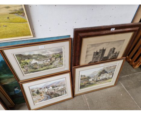 Three framed Judy Boyes signed limited edition prints together with a framed lithograph depicting Durham Cathedral and weir. 