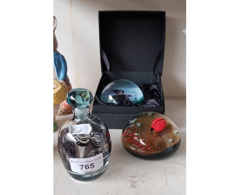 Karlin Rushbrooke art glass stoppered bottle 11cm high together with a Colin Terris Caithness limited edition paperweight ‘To