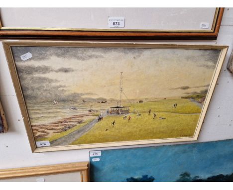 20th century school, oil on board, 'At Charlies Mast', Lytham Green and beach with boats and figures, 53cm x 30.5cm, signed '
