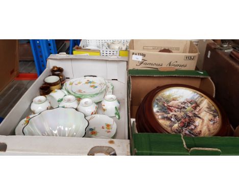 Two boxes of ceramics to include collectors plates, Royal Albert part tea set, cuckoo clock and cutlery etc 