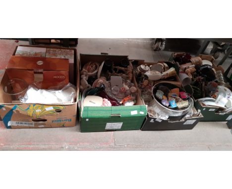 4 boxes of glass/ceramics etc. including Poole, Royal Worcester, 2 boxed David Winter cottages, 12 miniature handbags, perspe