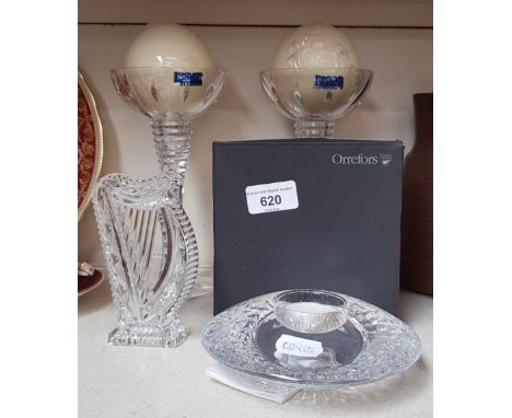 Waterford Crystal harp 12.5cm high, Waterford (Marquis) pair of Gemini 8 inch ball candle holders (complete with unused candl
