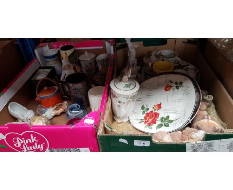 Two boxes of mixed ceramics and ornaments including Noritake, paperweights. 