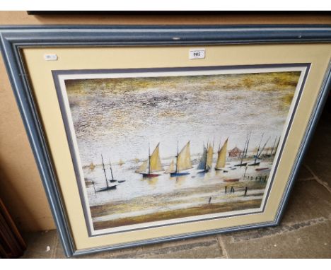 After L.S. Lowry, 'Yachts at Lytham', offset lithograph, 60cm x 50.5cm, unsigned, framed and glazed, 83cm x 73.5cm. 