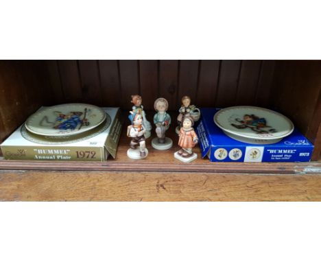 5 Hummel figurines including ‘School Boy’ (1950-55) and 2 boxed Hummel Annual plates for 1972 &amp; 1973 
