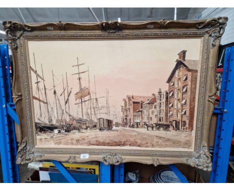 Harley Crossley (British, 20th century) oil on canvas, 'Poole Quayside, Dorset', 75cm x 49.5cm, signed to lower right, gilt f