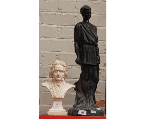 A classical Greek bronze effect figure together with a bust of Beethoven. 