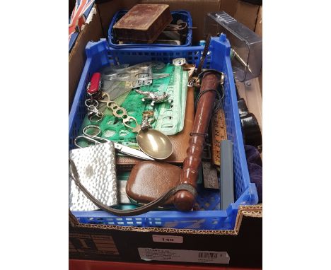 A box of assorted collectables including a truncheon, drawing instruments, etc.