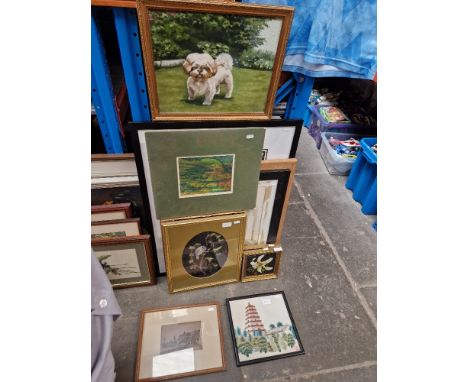 Various pictures and prints including needlework pictures, watercolour portrait of a woman, Shih tzu paintings, Fort Baker- G