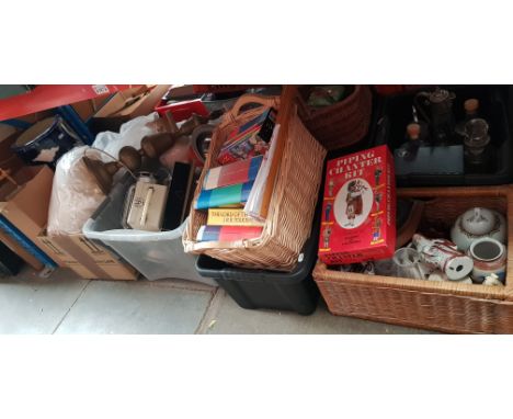 9 boxes of miscellaneous items including pottery, glass ware, pottery stick stand, Tilley lamp, cutlery, 35mm Cabin slide pro