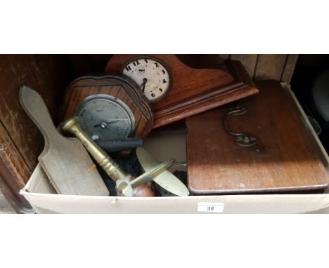 A box of assorted collectables including a brass model aeroplane, a barometer, a clock, a wooden box, a pestle etc. Also incl