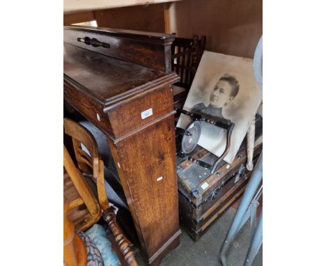 A mixed lot of furniture comprising oak bookcase, dome top trunk, folding cake stand, oak stool and three chairs. 