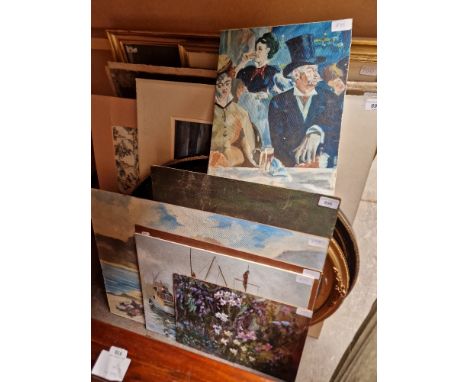 Six 20th century oil paintings, various artists, still life of flowers, harbour scene, portrait, coastal scene, etc. 