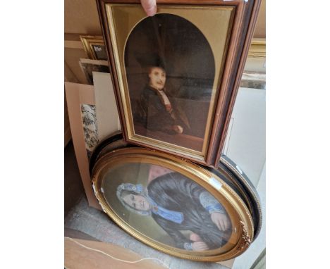 Three portraits; one oil on board copy portrait of a Rembrandt painting of a man, one pastel of a woman and one charcoal of a