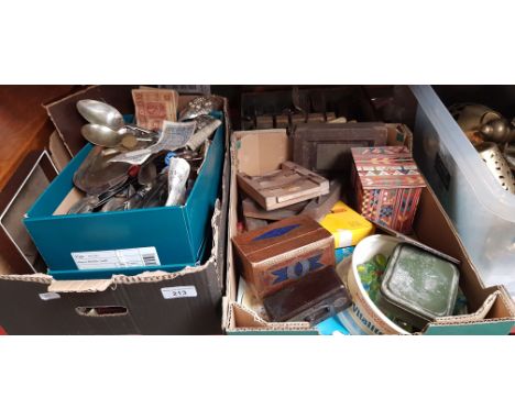2 boxes of miscellaneous collectables and canteen of cutlery. Includes 2 bibles, marbles, cut throat razor, playing cards 