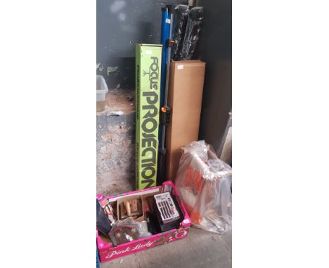 A mixed lot including a box of assorted collectables, a tapestry frame, projector screens, knitting machine, camping chairs, 