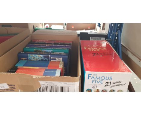 A boxed set of Enid Blyton Famous Five books, with a box of childrens books including Terry Pratchett and J K Rowling 