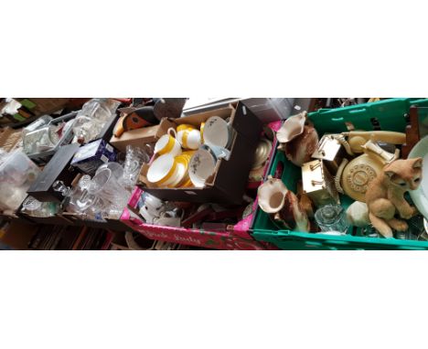 Five boxes comprising Two boxes of glassware and a cased set of Remy Martin Cognac glasses, three boxes of ceramics including