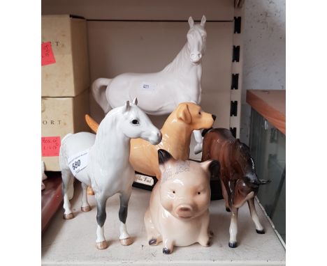 Royal Doulton Spirit of The Wind, two Beswick horses, a Beswick dog and a Hummel pig 