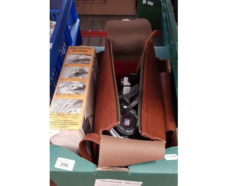 A box of 35mm cameras, Olympus and Zenith, light meter and a hobby kit 