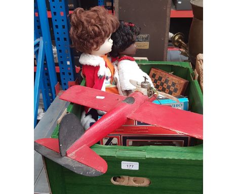 A box of assorted toys including a Chatty Cathy doll, an diesel engine plane and assorted 00 gauge railway including Lima eng