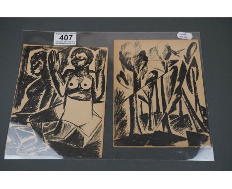 Russian School 1932, a pair of abstract lithograph prints in monochrome (having extensive pen and ink text to verso) 