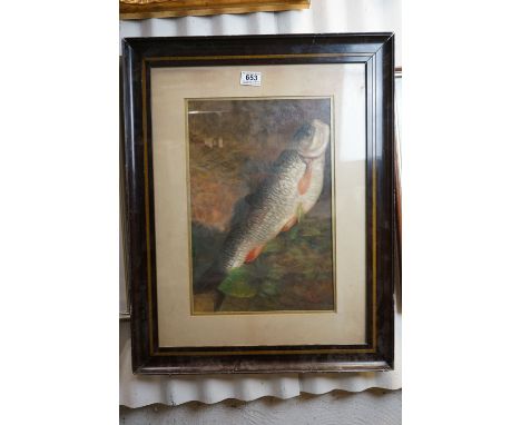 Framed oil painting, study of a chub fish in a natural setting 