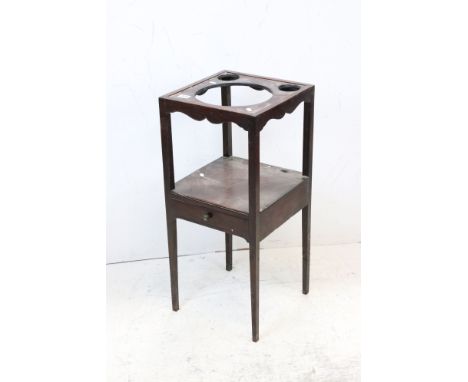 George III Mahogany Square Washstand, the top with recess for washbowl, over a shelf with drawer, 35cms wide x 79cms high 