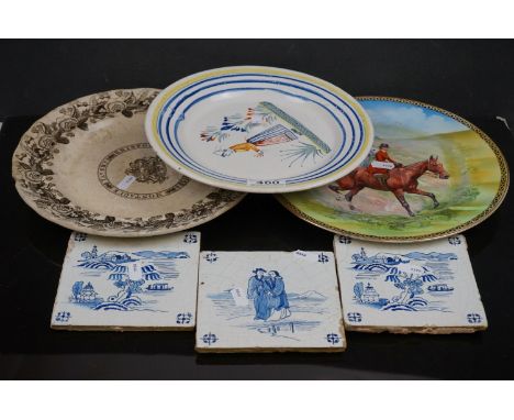 A group of three Delft ceramic tiles together with three plates to include Copeland Spode and a Montague Tavern Bristol plate