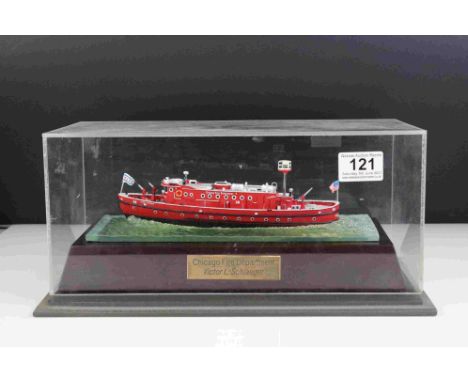 Diecast Metal Chicago Fire Department ' Victor L Schlaeger ' Model of a Fire Boat held on a Stand simulating water and contai