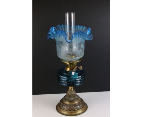 Victorian Oil Lamp with Blue Turquoise Frilled Etched Glass Shade, Turquoise Glass Font and Brass Patterned Base, 53cms high 