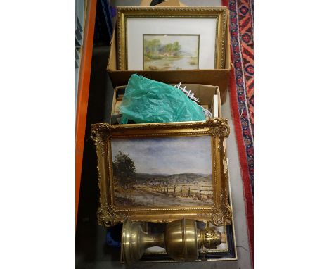 A group of mixed collectables to include framed paintings and an oil lamp. 