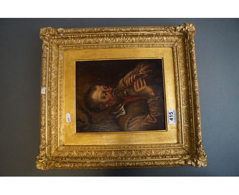 A 19th century oil on panel, Continental portrait of a man playing a flute, mounted in an ornate gilt gesso frame, unsigned 2