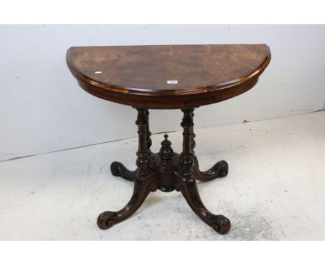 Victorian Inlaid Walnut Demi-lune Fold over Card Table with green baise playing surface, raised on four turned supports and f