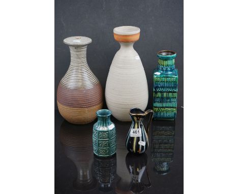 A group of three West German pottery vases together with two studio pottery lamp bases. 