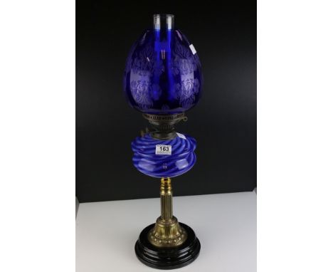 Victorian Oil Lamp with Beehive Etched Blue Shade, Blue Swirled Glass Font and Ceramic and Brass Base, 66cms high 