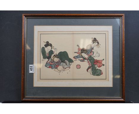 Saito Shuho (1768-1859) a Japanese woodblock portrait of a mother with children, playing traditional games 