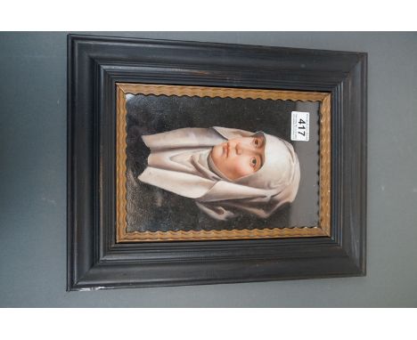 Ebonized framed oil painting, portrait of a medieval nun 