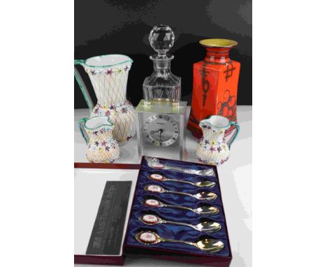 A mid 20th century Gouda pottery vase together with a cut glass decanter, cased set of collectors spoons, three Italian jugs 