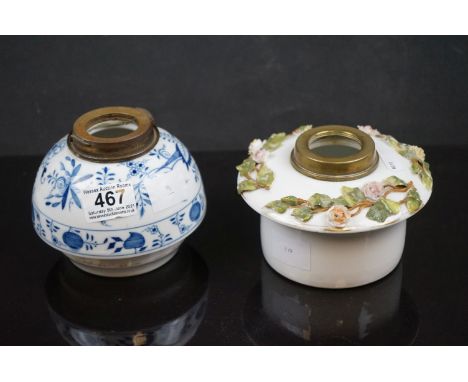 A 19th century Meissen onion pattern blue &amp; white oil lamp well with crossed swords to base together with a continental f