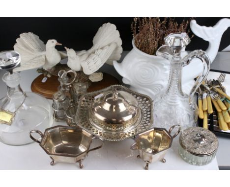 Mixed Lot including various Silver Plated Items, Cut Glass Claret Jug, Mappin &amp; Webb Cruet Set, Glass Ships Decanter, Cer