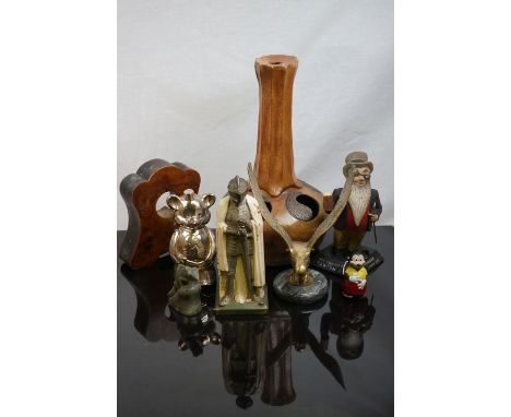 A box of mixed collectables to include a Younger's keg ale brewery advertising figure, a table lighter in the form of a knigh