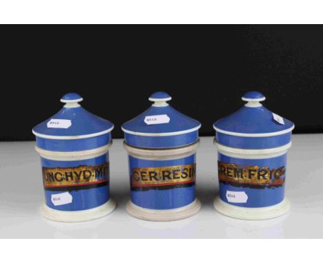 Three 19th century blue ground ceramic Apothecary jars 13 cm in height. 