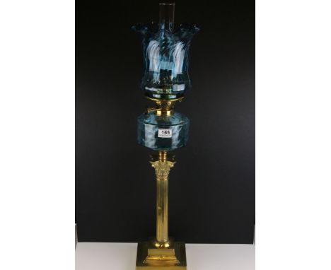 Victorian Oil Lamp with Turquoise Tulip Shaped Fluted Glass Shade, Turquoise Glass Font and Brass Corinthian Column Base, 81c