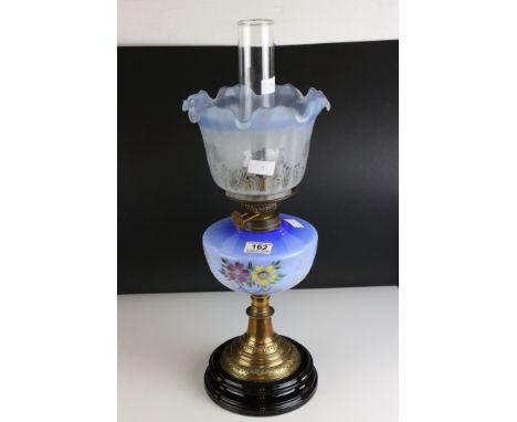 Victorian Oil Lamp with Etched Fluted Blue Tinted Shade, Blue Ceramic Floral Painted Font and Brass and Ceramic Base, 59cms h