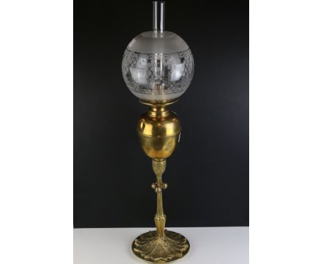 Victorian Oil Lamp with Etched Globe Glass Shade, Brass Font and Brass Base with a Horse Chestnut design, 75cms high 